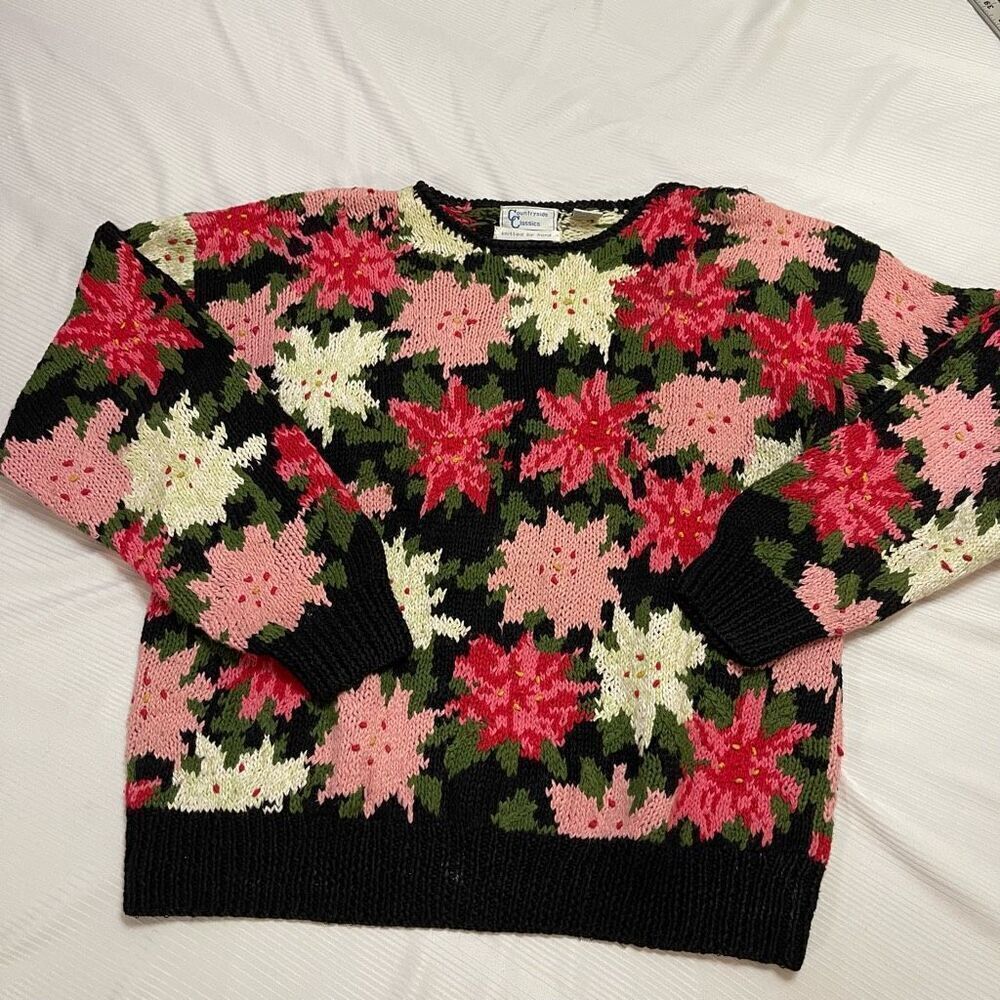 Countryside Classics Floral Knit VTG Cottage Core Poinsettias Sweater Sz Medium